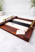 Handcrafted Wooden Serving Tray, Brass Handles, Farmhouse Striped Decor