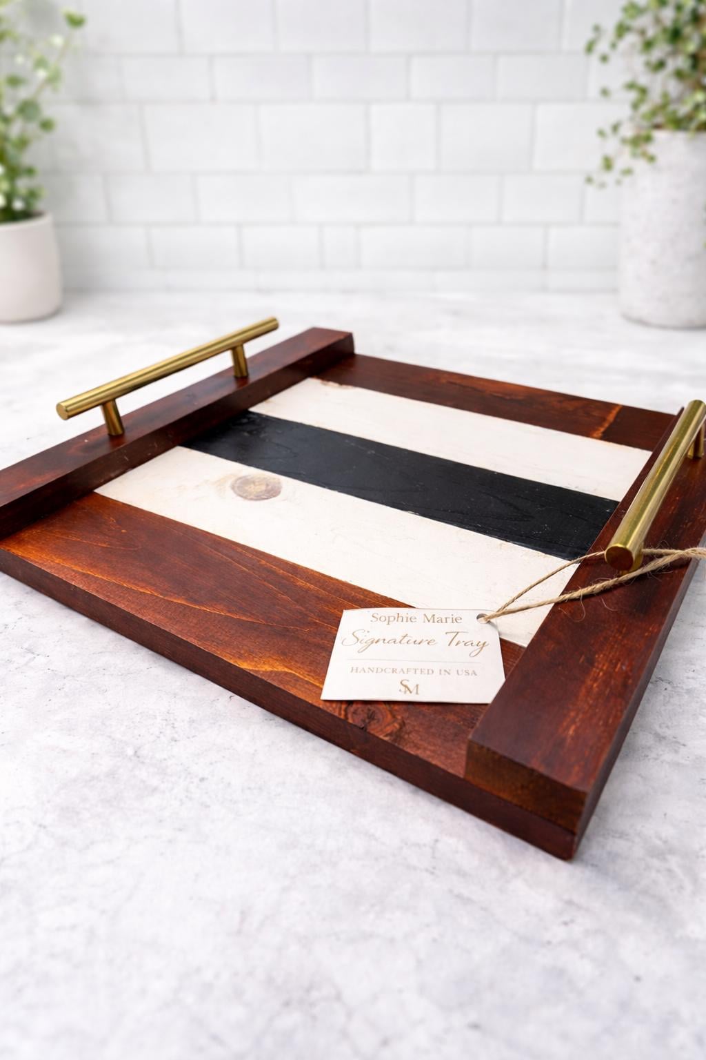Handcrafted Wooden Serving Tray, Brass Handles, Farmhouse Striped Decor