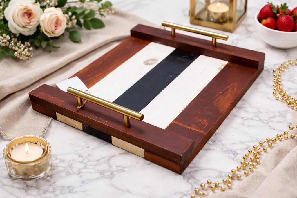 Handcrafted Wooden Serving Tray, Brass Handles, Farmhouse Striped Decor