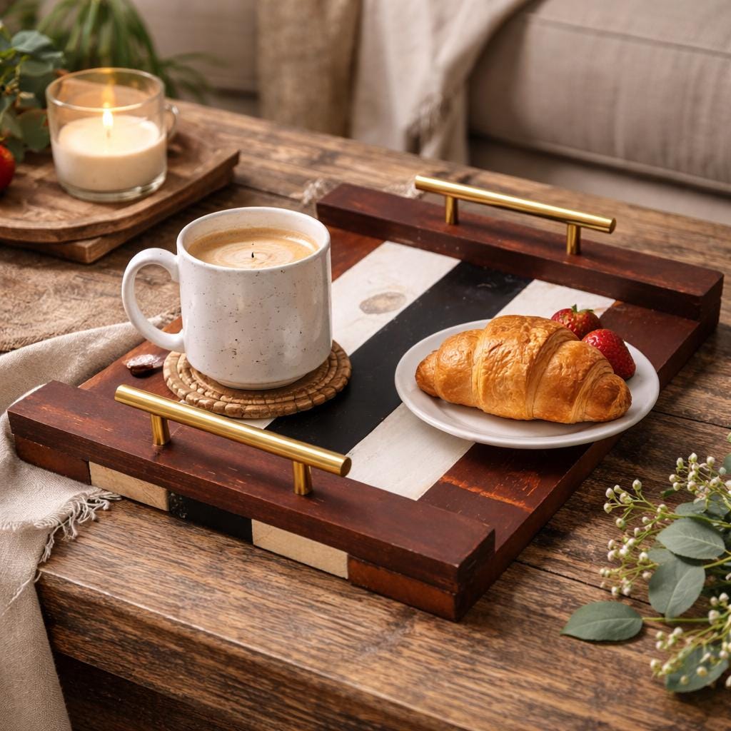 Handcrafted Wooden Serving Tray, Brass Handles, Farmhouse Striped Decor